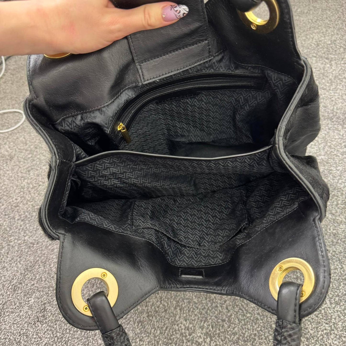 Y2K vintage genuine pony fur leather shoulder bag handbag croc print black gold