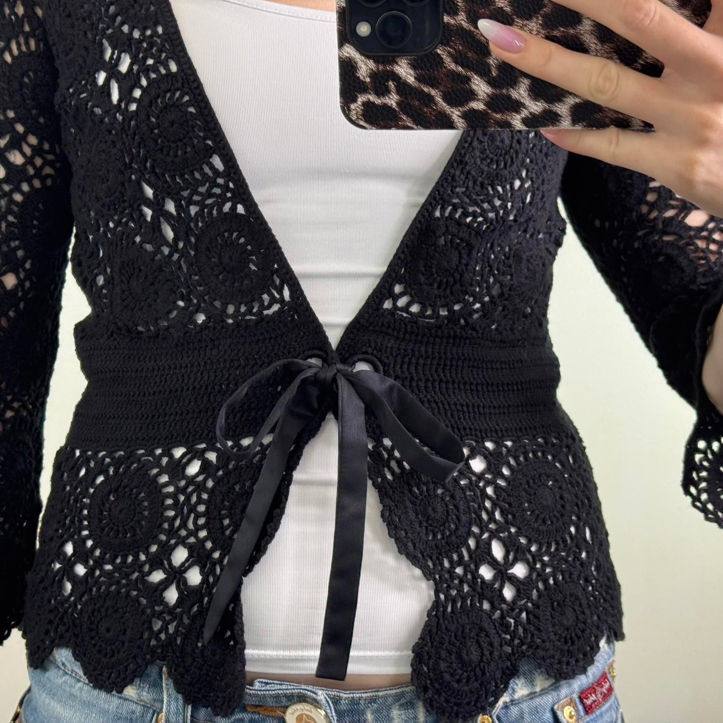 Y2K vintage crochet knit 3/4 sleeve jumper cardigan v neck bow tie front