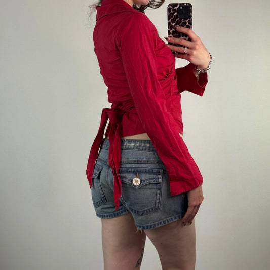 Y2K vintage red ruched long sleeve blouse shirt tie adjustable bow stretchy