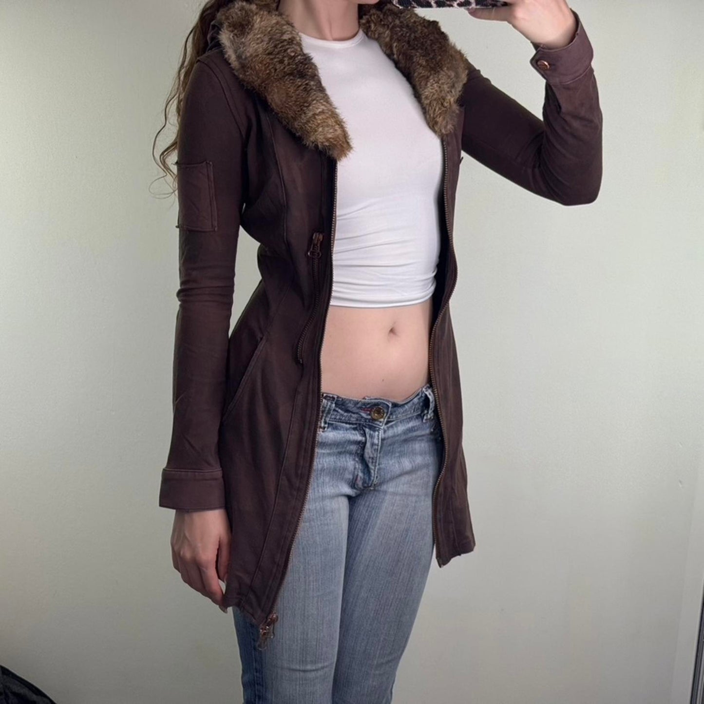 Y2K vintage genuine lapin rabbit fur fitted zip up hoodie camo print archive