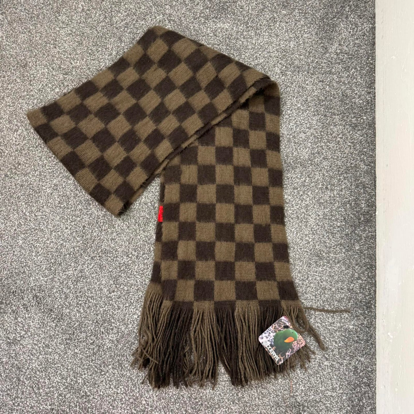 Y2K vintage check print fluffy scarf brown tassel soft