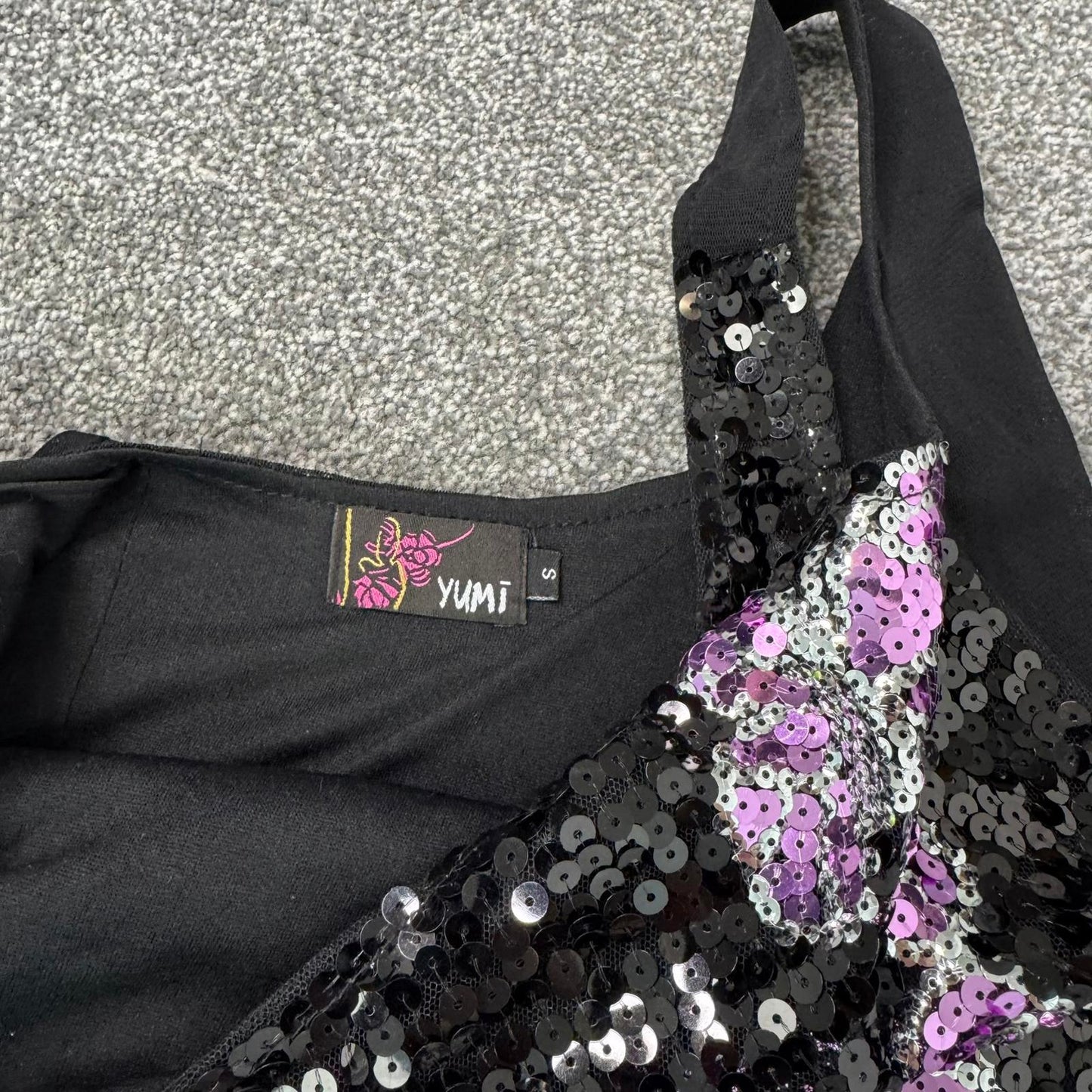 Y2K vintage sequin butterfly mini dress black purple mesh round neck festival