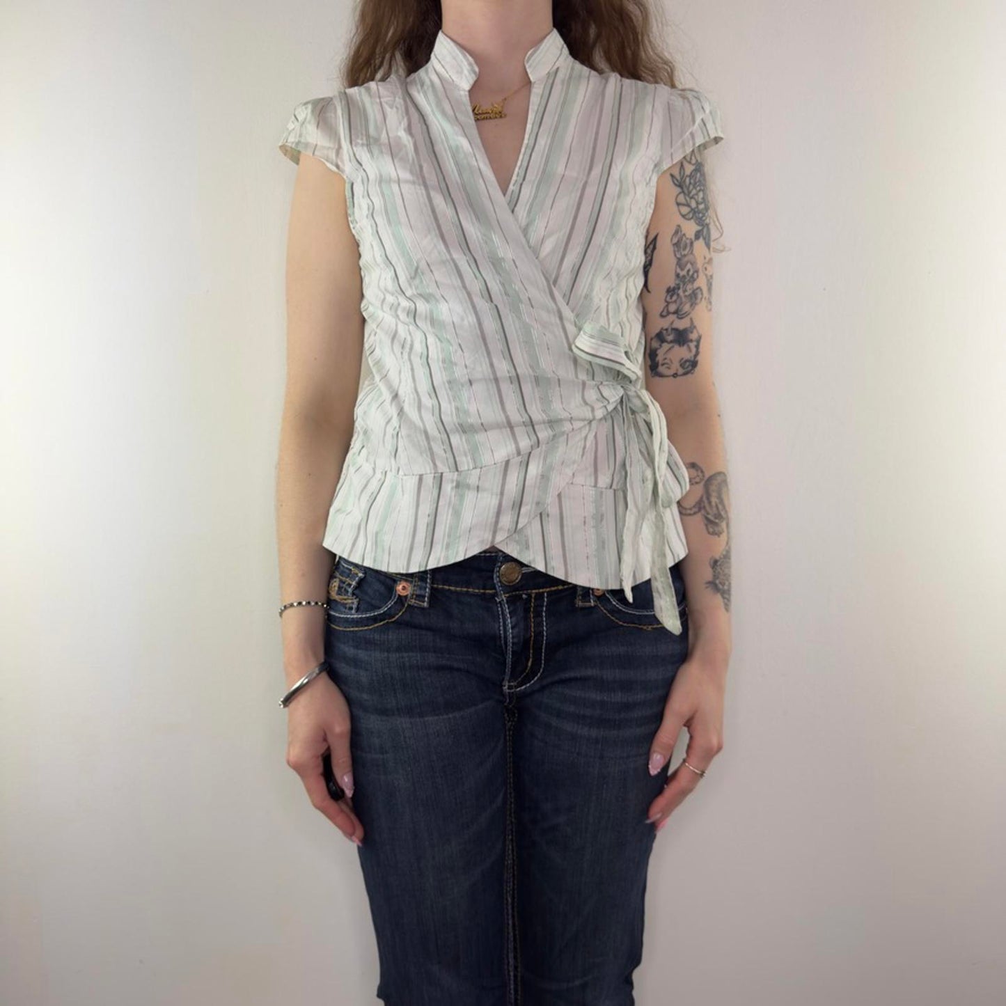 Y2K vintage stretch pinstripe short sleeve shirt