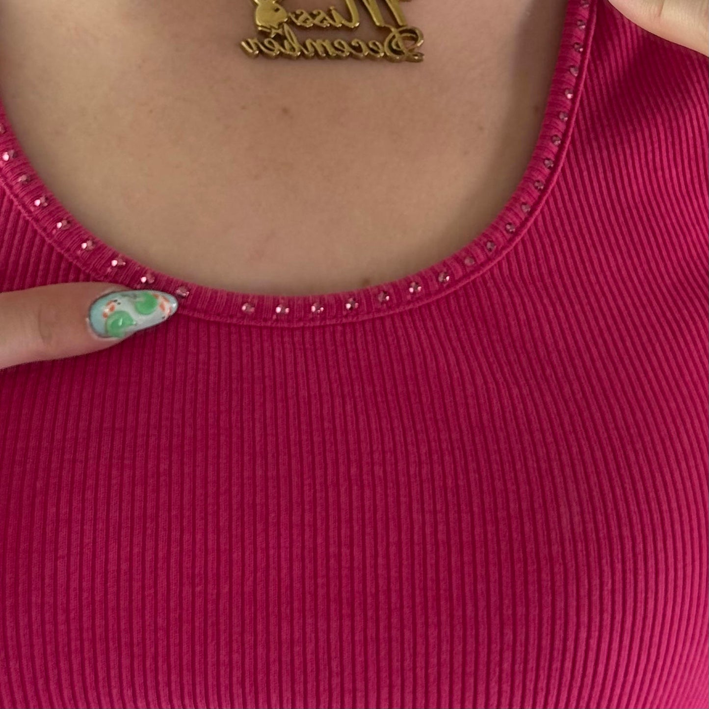 Y2K vintage hot pink tank top rhinestone round neckline ribbed stretchy basic