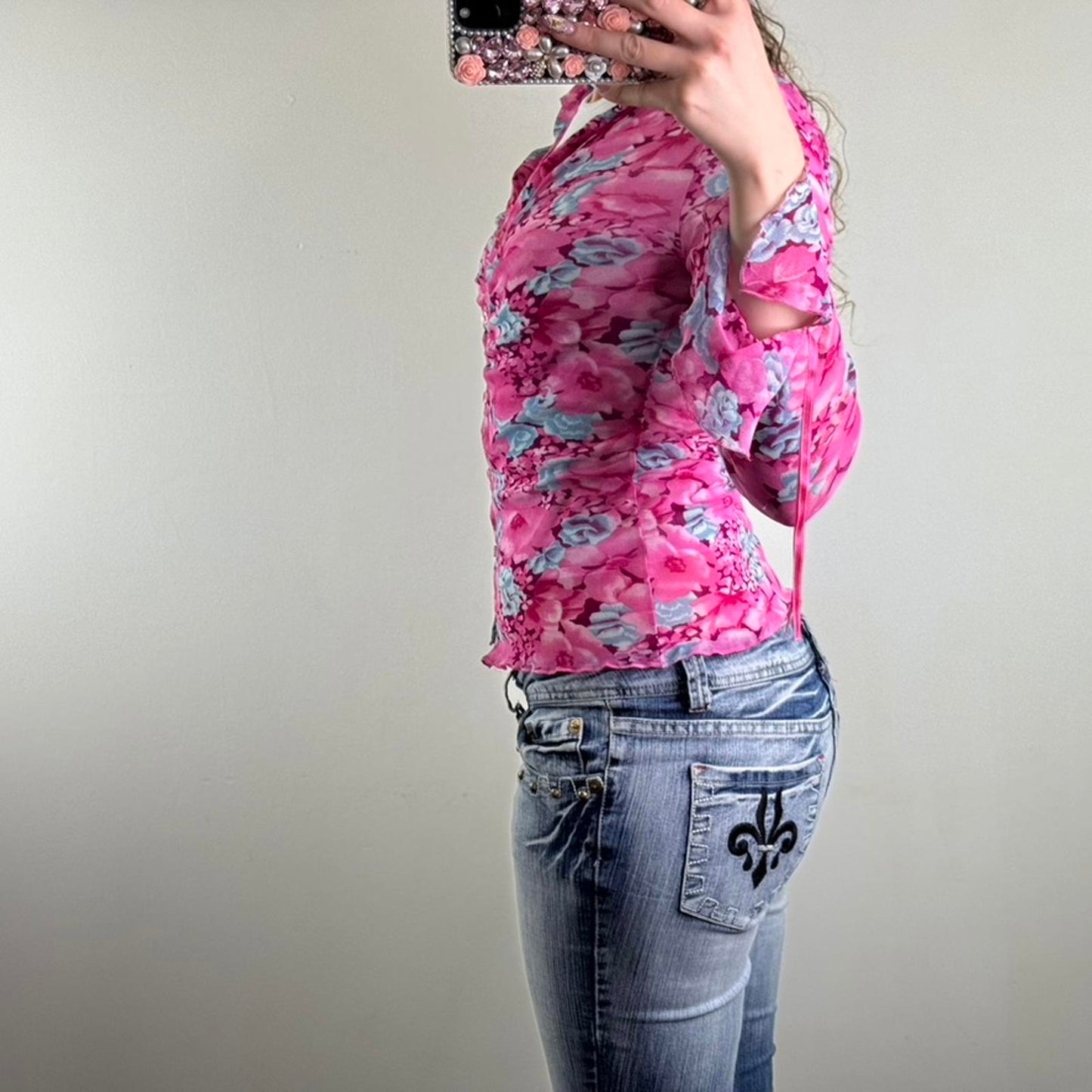 Y2K vintage Per Una mesh long sleeve top button up sheer floral bows ruched