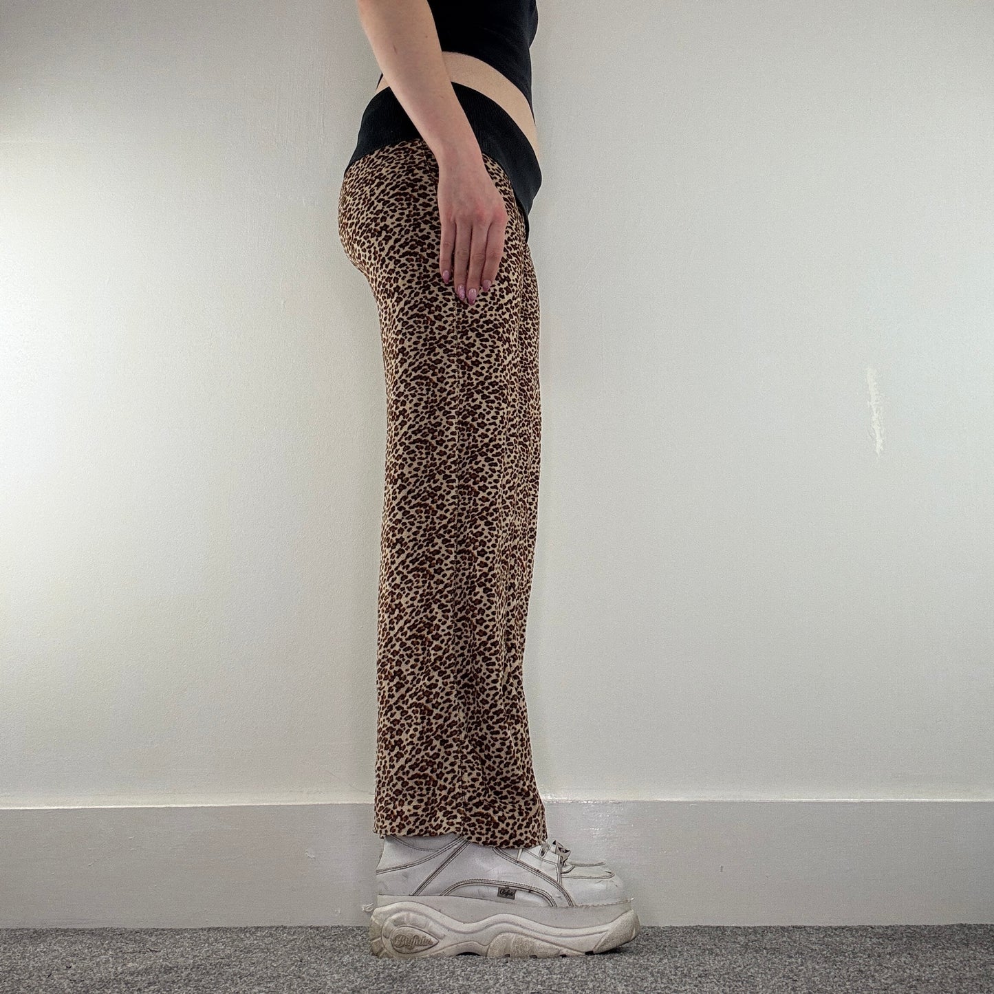 Y2K vintage leopard print velour fold over waistband flare trousers
