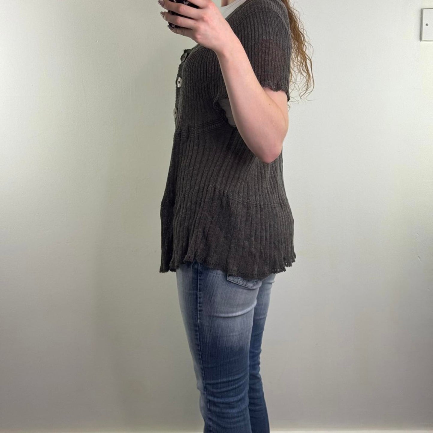 Y2K vintage linen blend fine knit short sleeve button up cardigan sheer