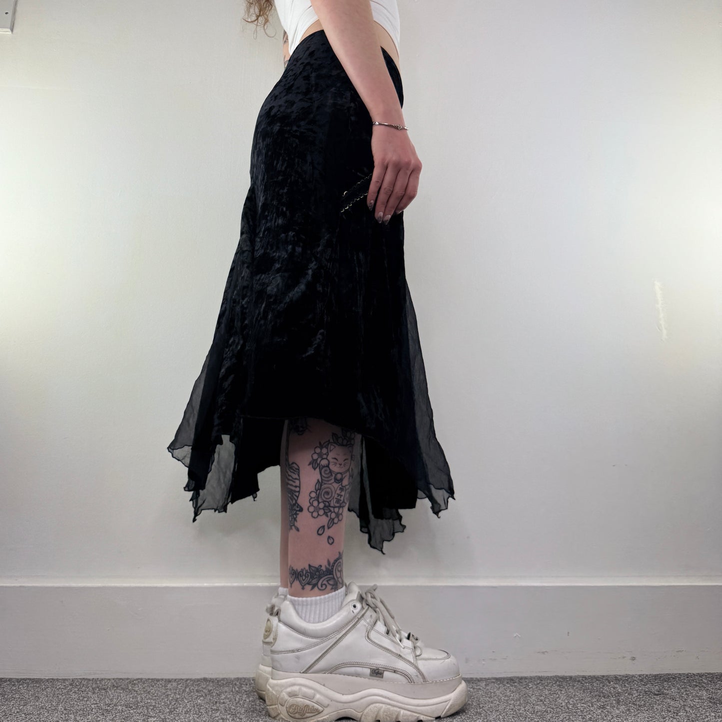 Y2K vintage asymmetrical mesh velvet midi skirt