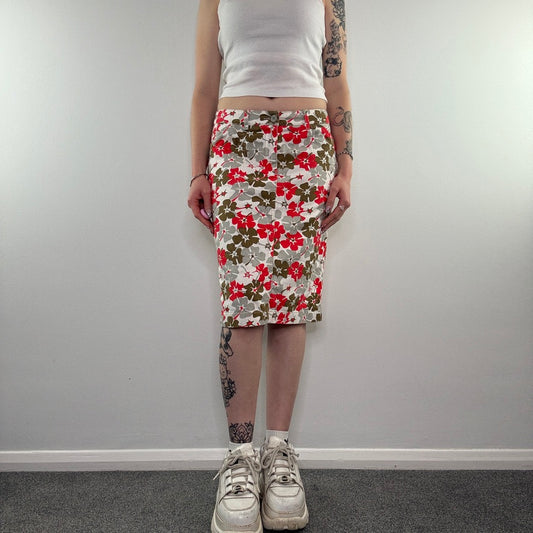 Y2K summer hibiscus denim midi skirt