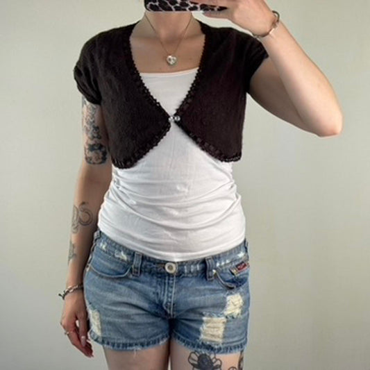 Y2K vintage Karen Millen cropped short sleeve cardigan button up rhinestone