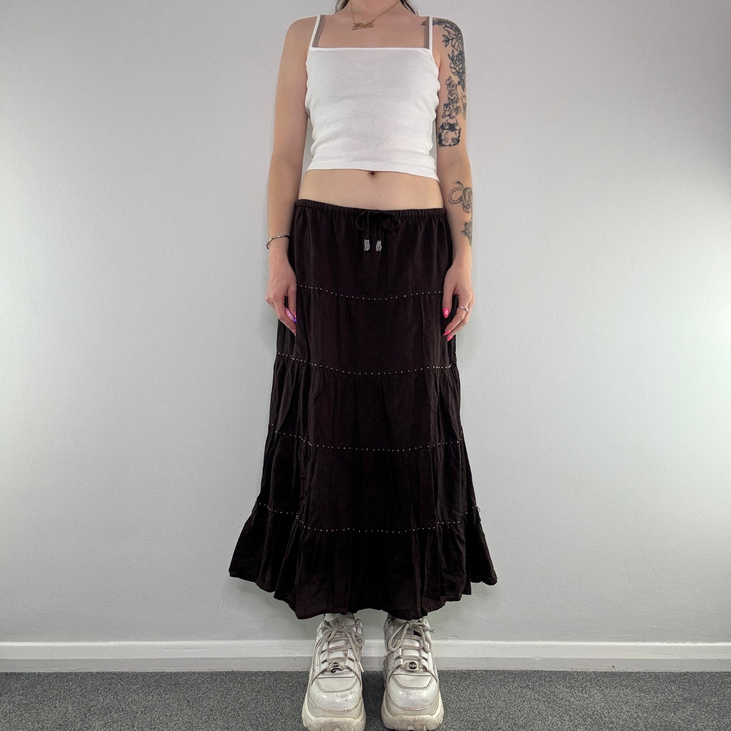 Y2K beaded tassel tiered boho maxi skirt