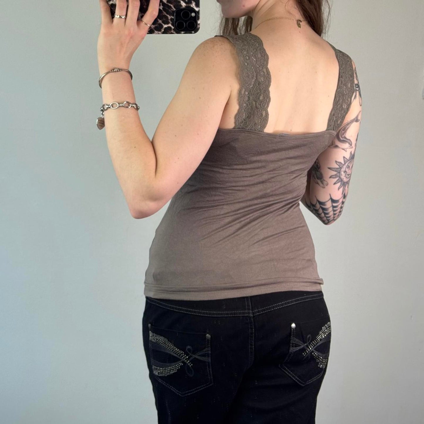 Y2K vintage lace trim v neck brown cami tank top chunky thick straps basic