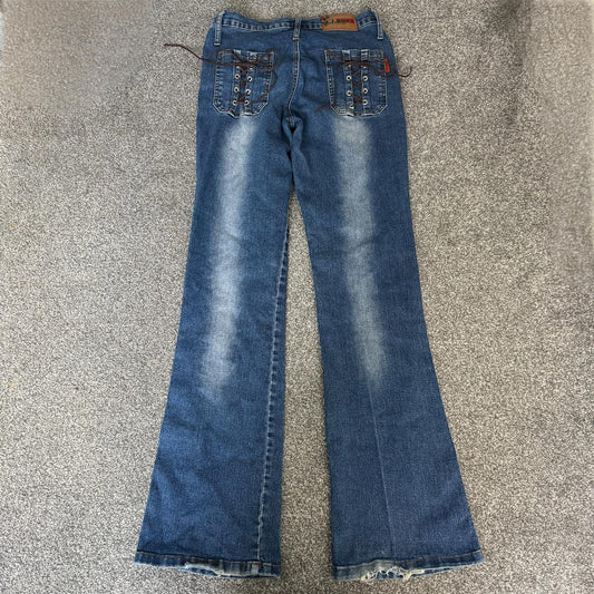 Y2K vintage stretchy denim mid rise bootcut jeans faded lace up studded grommet