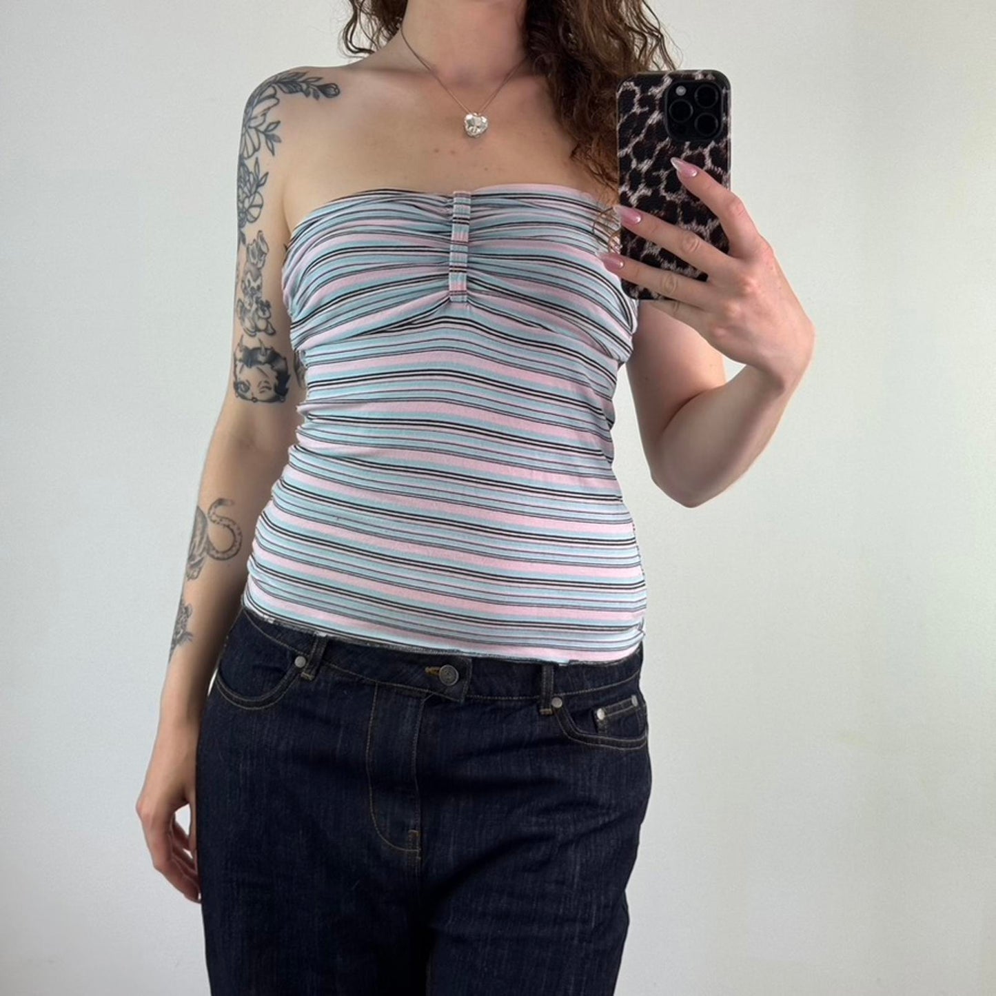 Y2K vintage stripe strapless ruched bust top stretchy pink blue black
