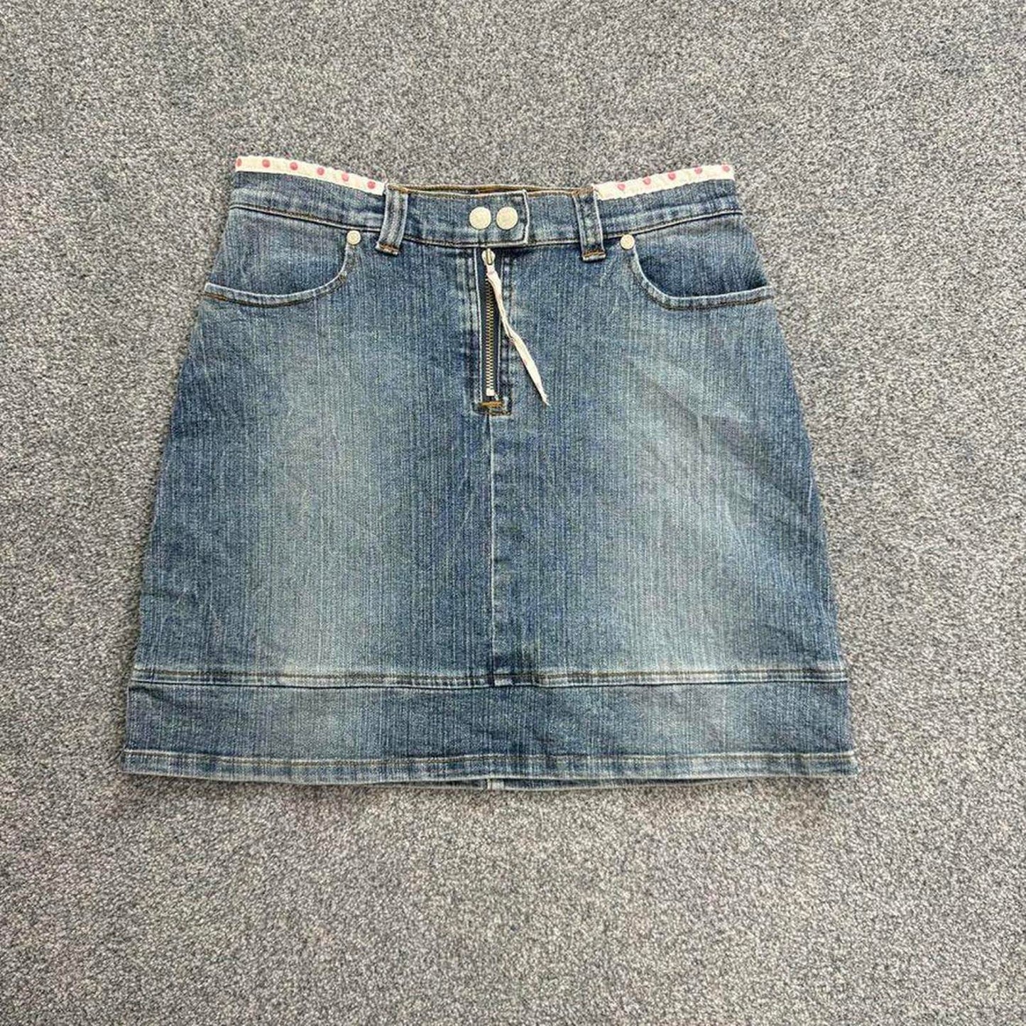 Y2K vintage polka dot faded denim mini skirt zip front spotty