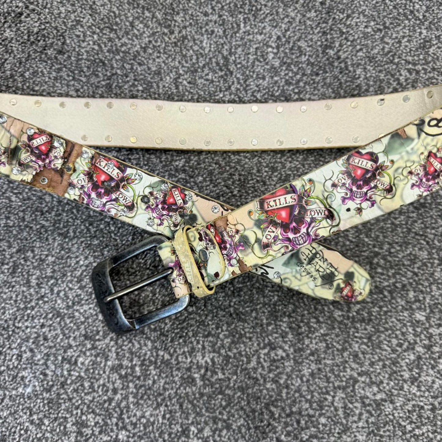 Y2K vintage Ed Hardy faux leather rhinestone belt silver buckle skull heart