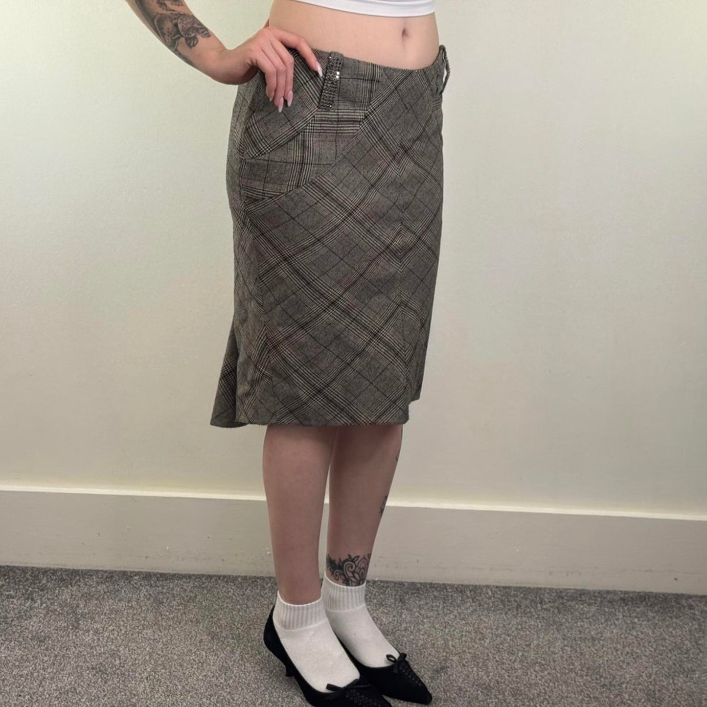 Y2K vintage houndstooth tartan check midi skirt lace up knee length rhinestone
