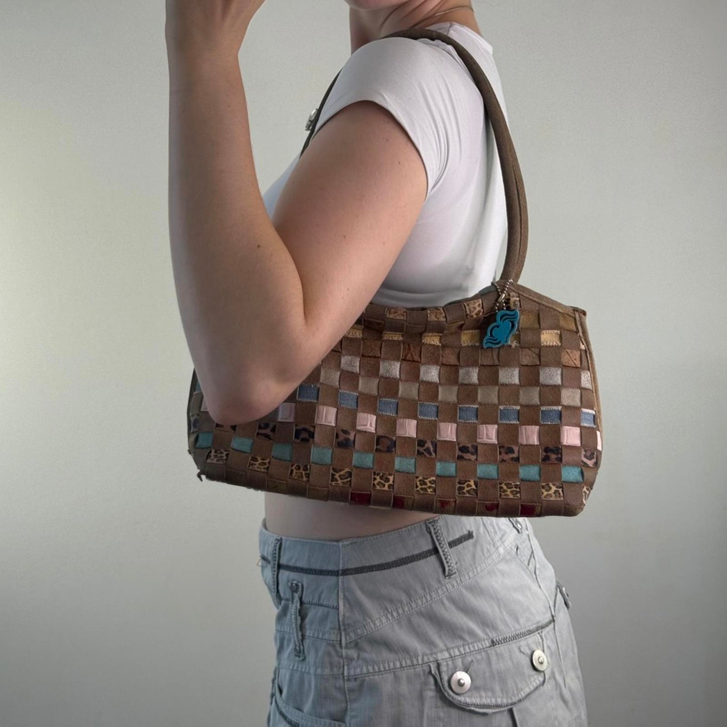 Y2K vintage suede shoulder bag woven leopard print denim pink blue brown