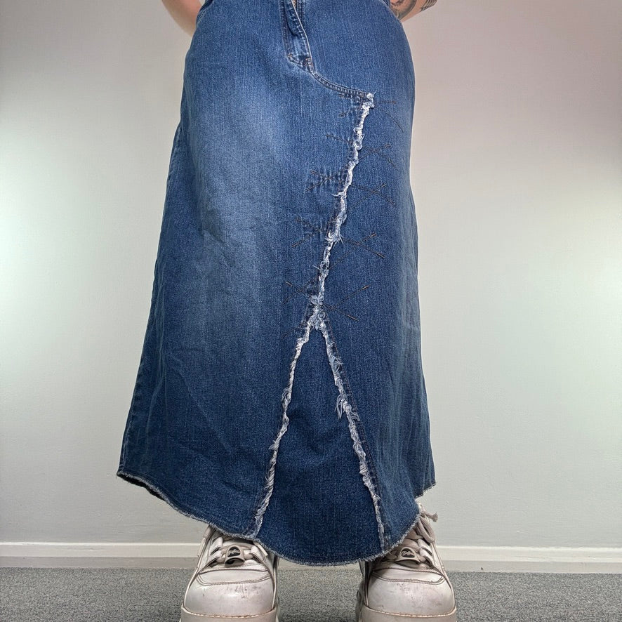 Y2K vintage denim reworked fraying hem maxi skirt