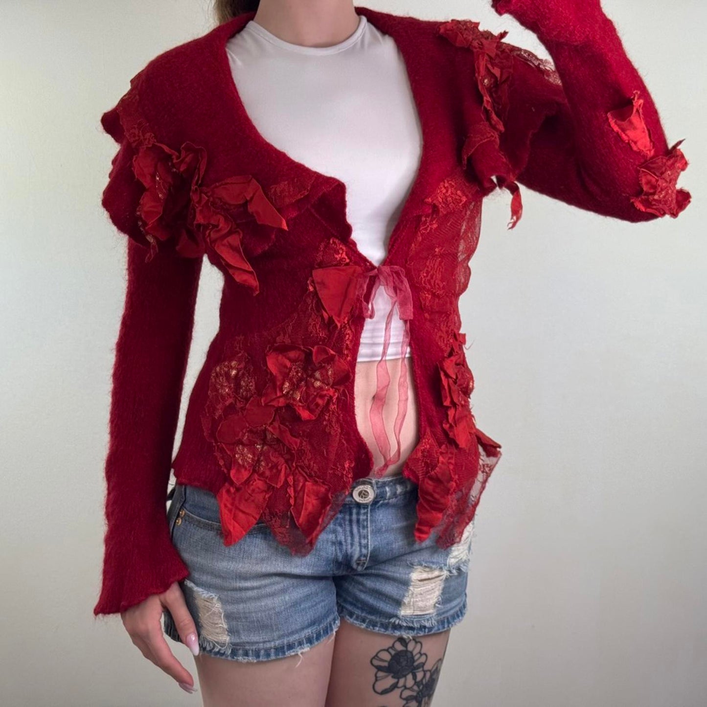 Y2K vintage mohair/ silk knit cardigan lace trim 3D flowers bow patchwork
