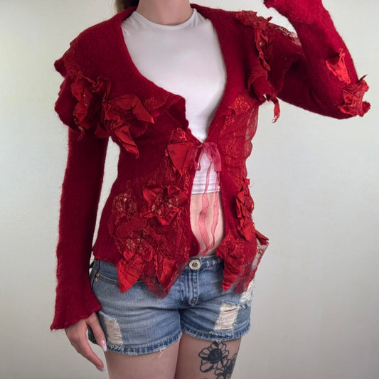 Y2K vintage mohair/ silk knit cardigan lace trim 3D flowers bow patchwork