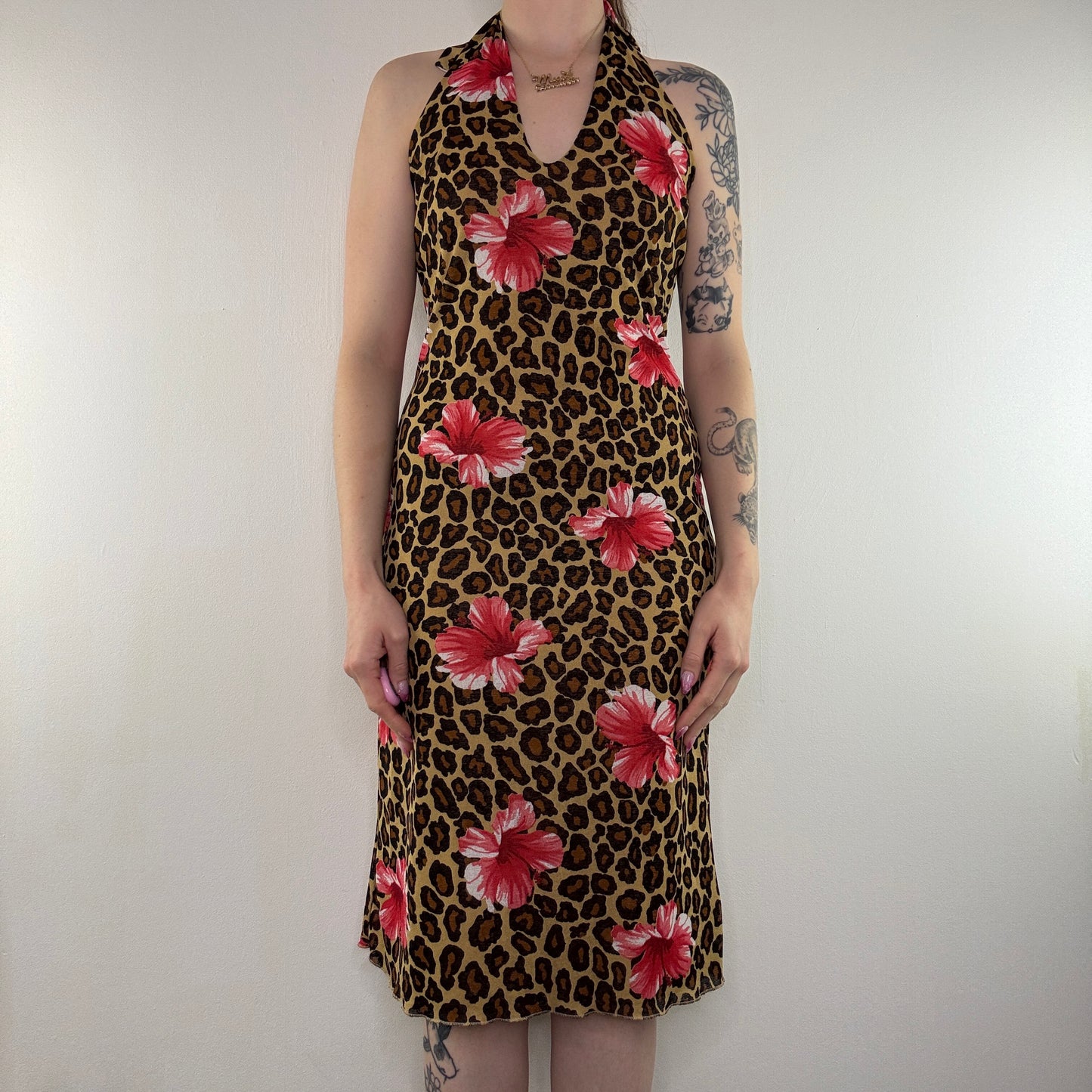 Y2K vintage leopard dress floral hibiscus print halter neck mesh midi dress