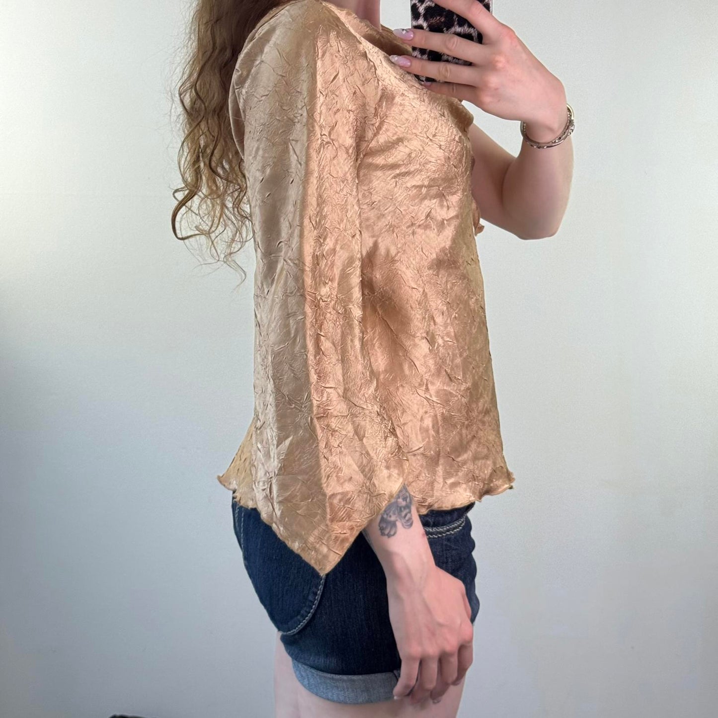 Y2K vintage gold one shoulder crinkle top 3/4 sleeve flare cowl neck bow party