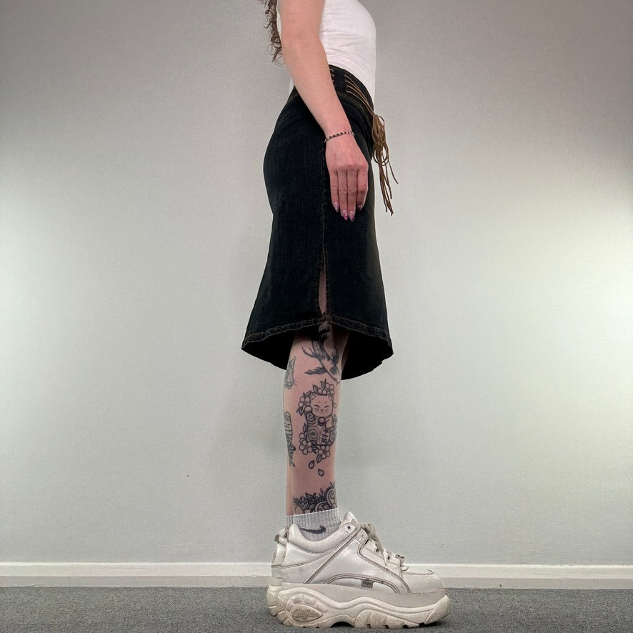 Y2K dark faded denim lace up belt midi skirt