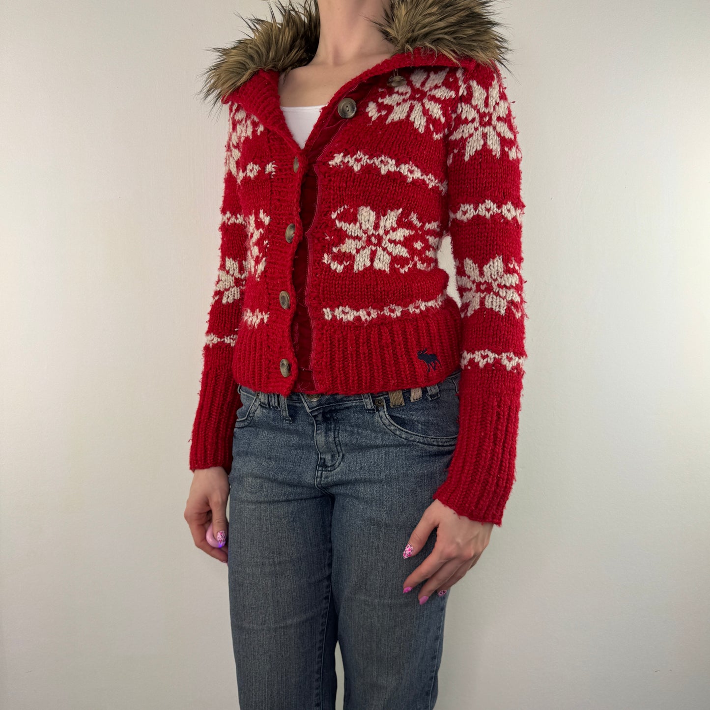 Y2K vintage Abercrombie & Fitch cardigan button up knit faux fur collar mcbling