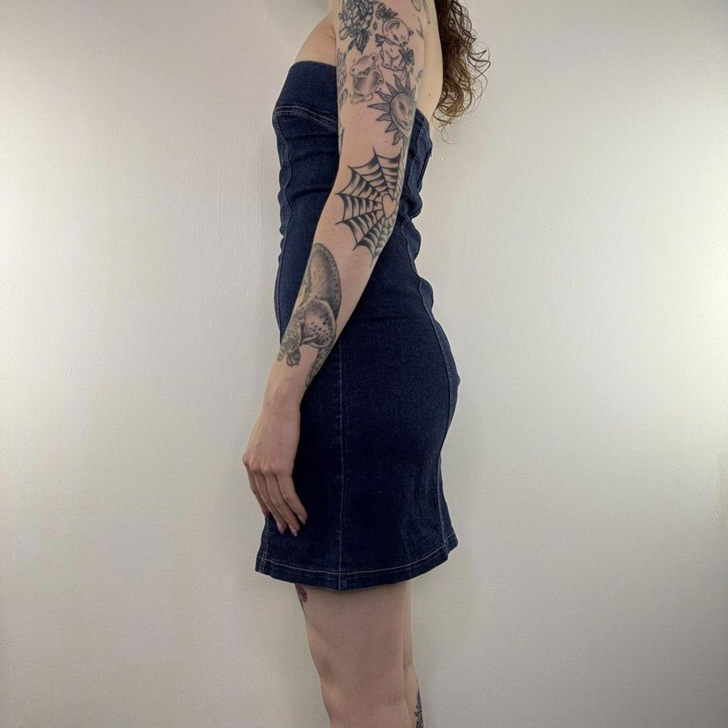 Y2K vintage denim mini dress stretchy strapless fitted bodycon blue wash zip up