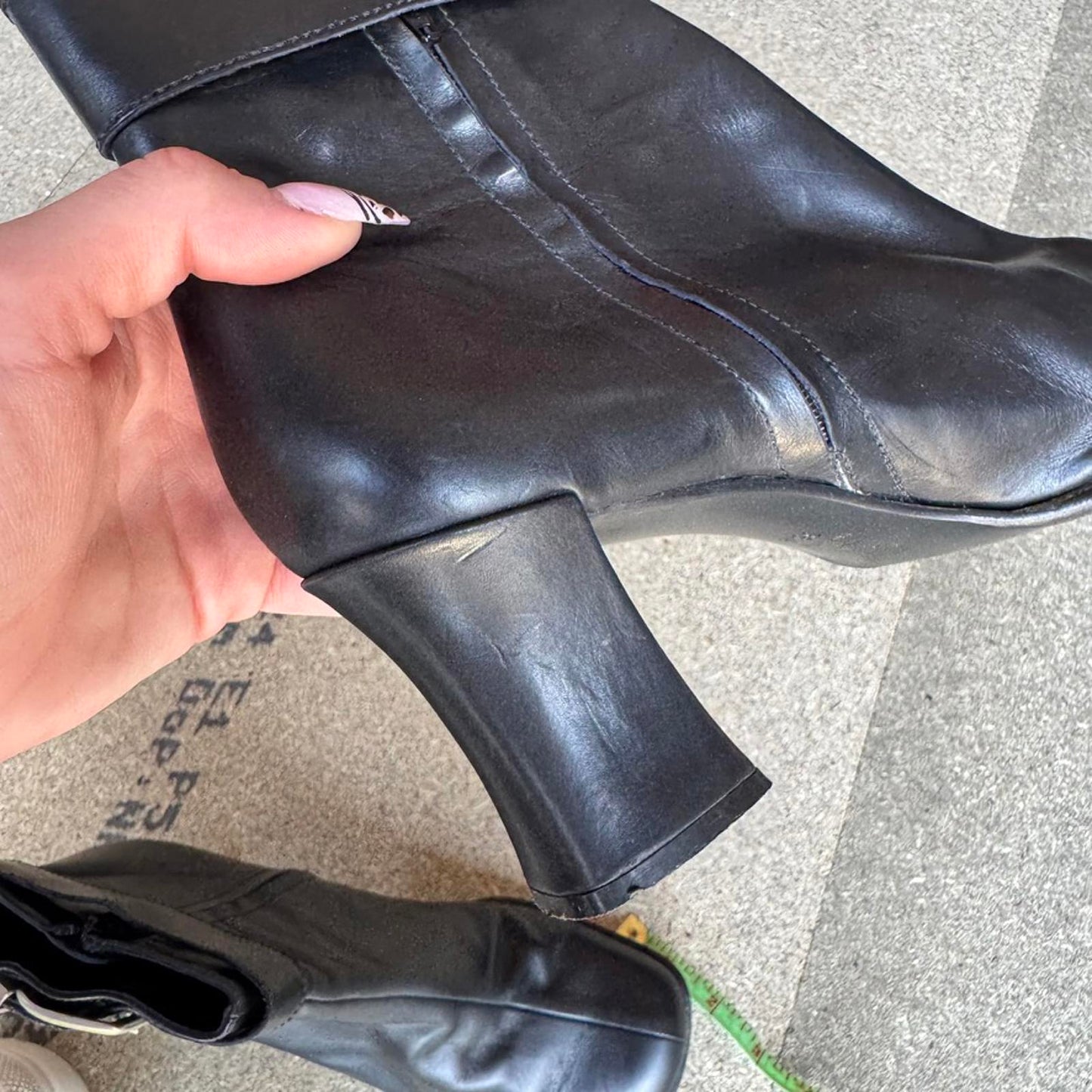 90s Y2K vintage Moschino leather block heel boots heart buckle square toe