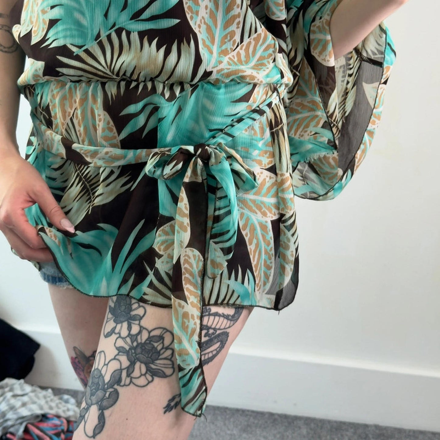 Y2k vintage flowy one shoulder summer long top palm tree summer flare sleeve