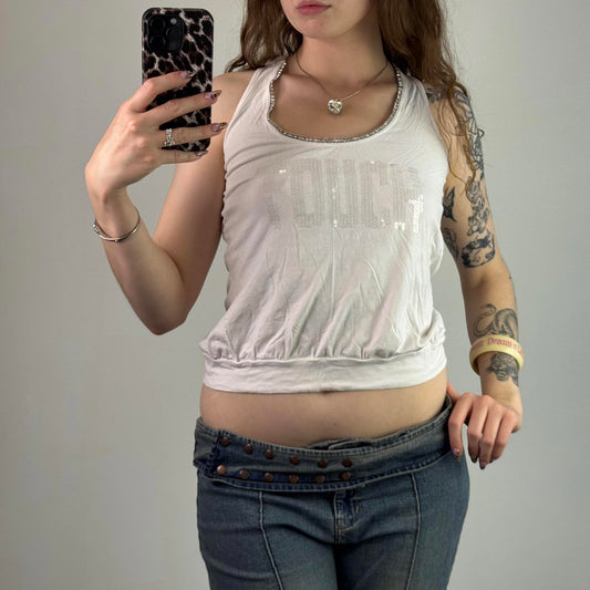 Y2K vintage sequin rhinestone tank top rhinestone racerback touch slogan cropped