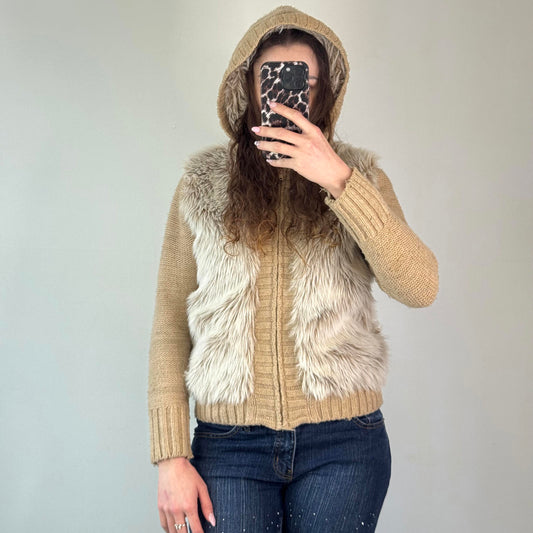 Y2K vintage faux fur zip up chunky knit hoodie mcbling
