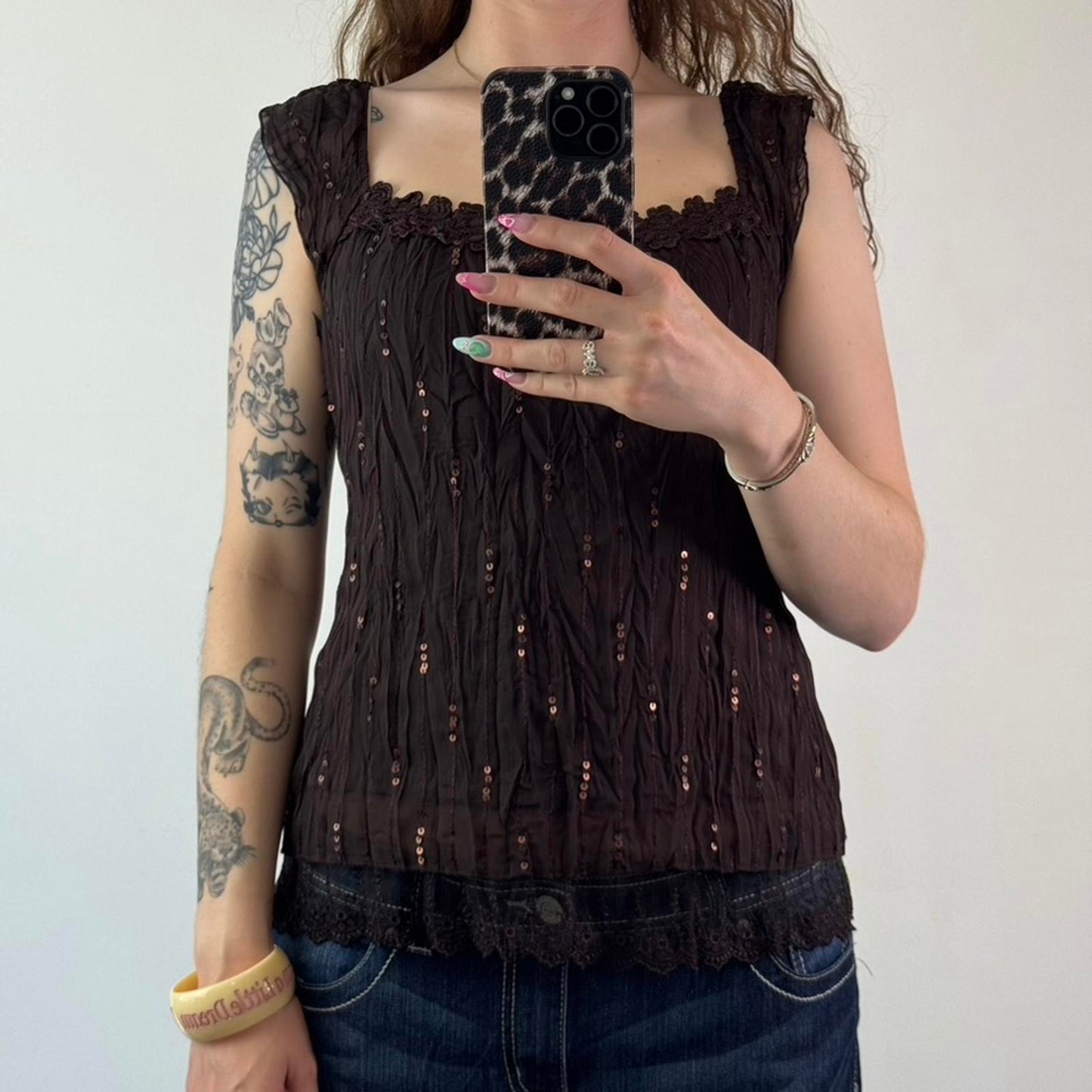 Y2K vintage crinkle sequin sheer cap sleeve top lace scoop neckline