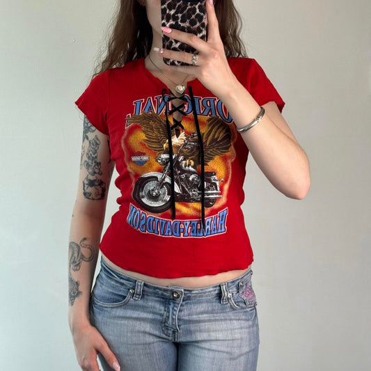 Y2K vintage Harley Davidson graphic print wings short sleeve t shirt top glitter
