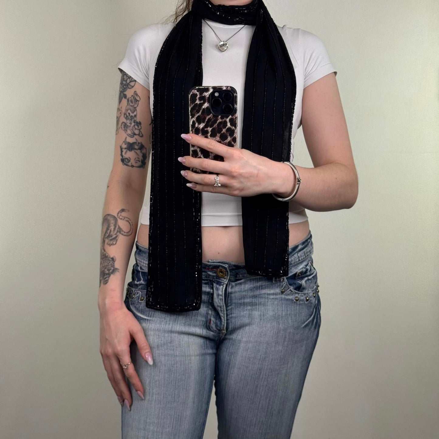 Y2K vintage beaded sequin sheer scarf embellished black