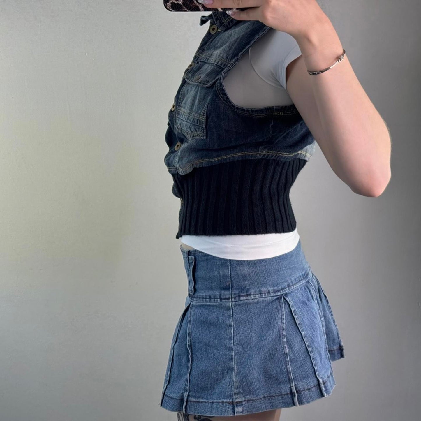 Y2K vintage faded denim sleeveless jacket knit waistband cropped short length
