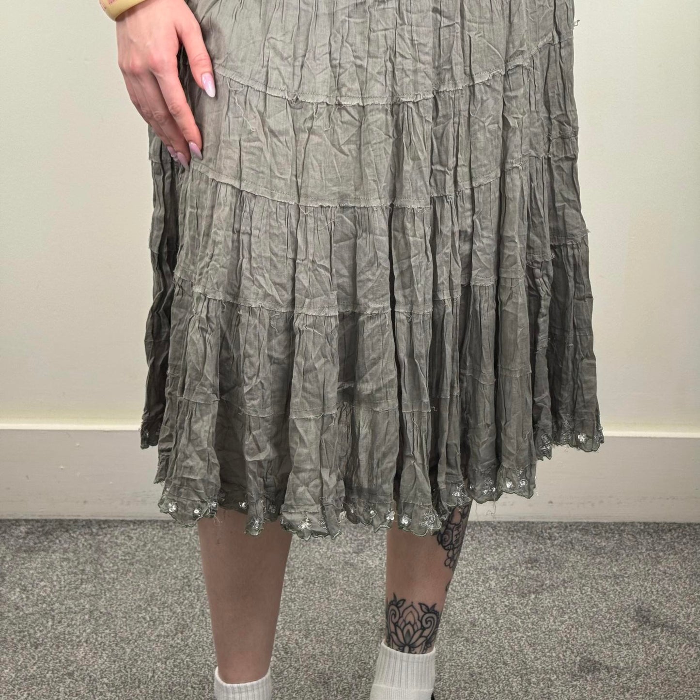 Y2K vintage River Island midi skirt a line tiered sequin embellished trim boho