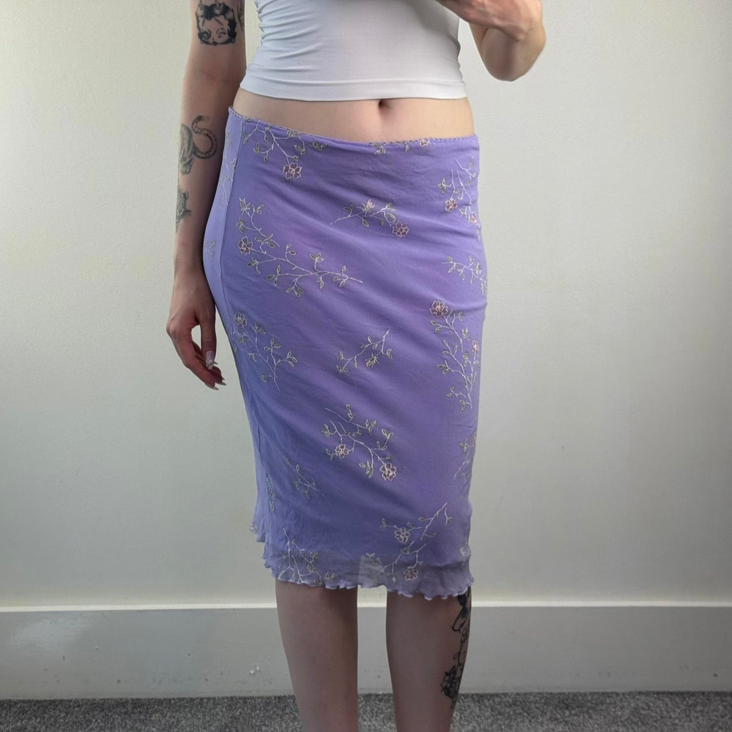 Y2K vintage lilac mesh ditsy floral midi skirt double layered lettuce hem