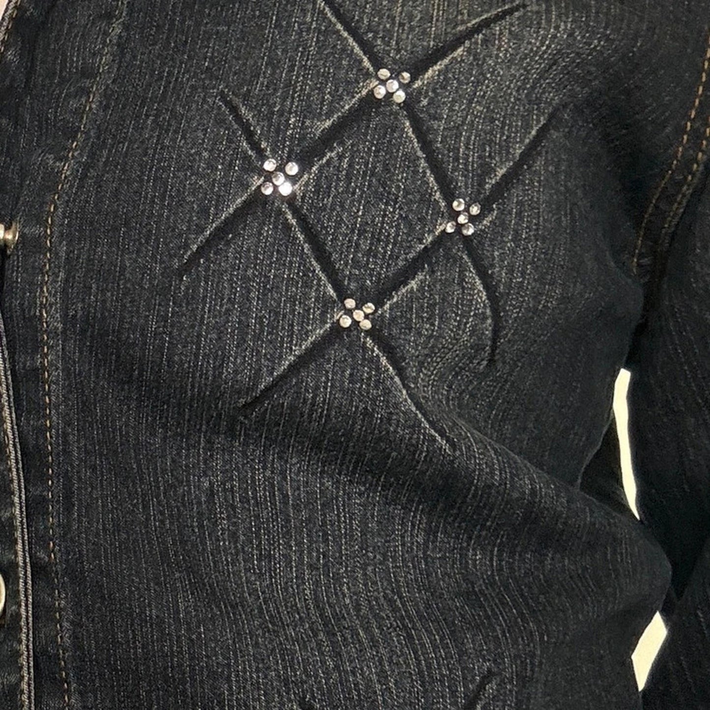 Y2K vintage rhinestone sparkle faded navy denim jacket dark wash button up