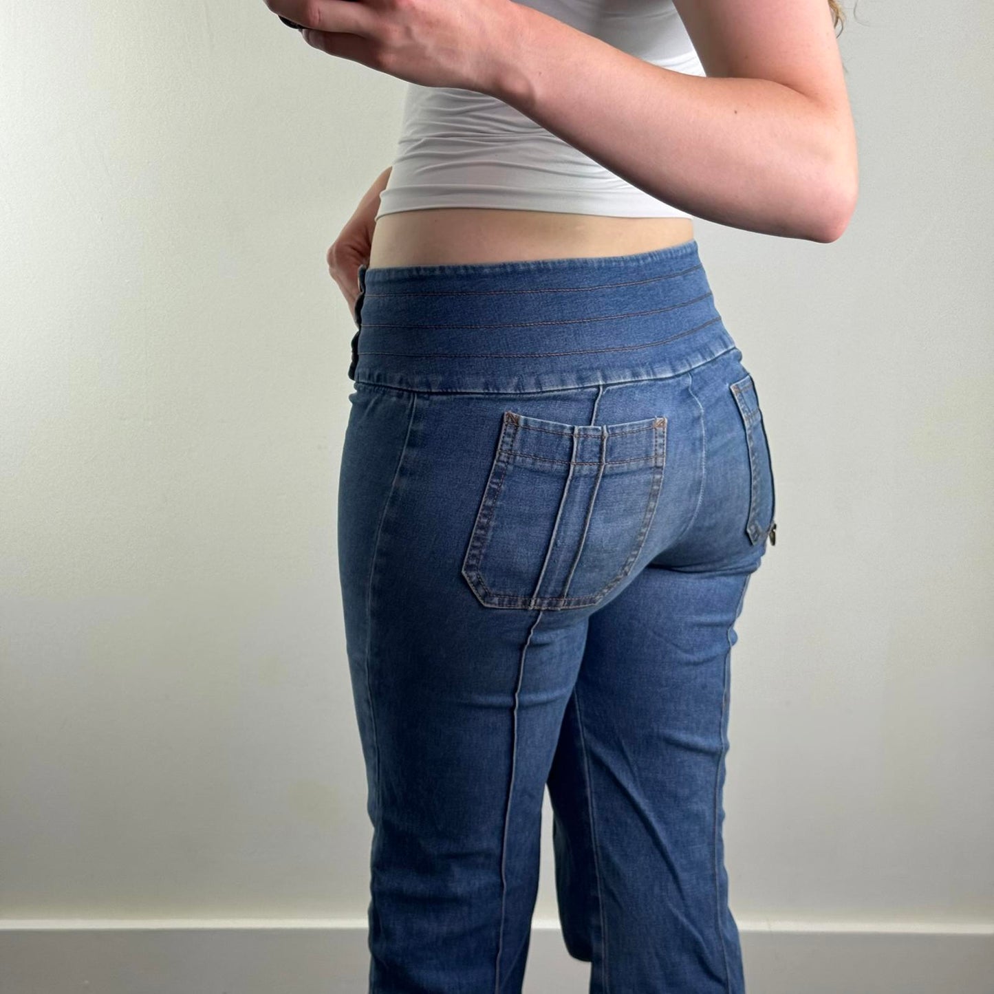 Y2K vintage mid rise stretchy denim bootcut jeans popper button contrast stitch