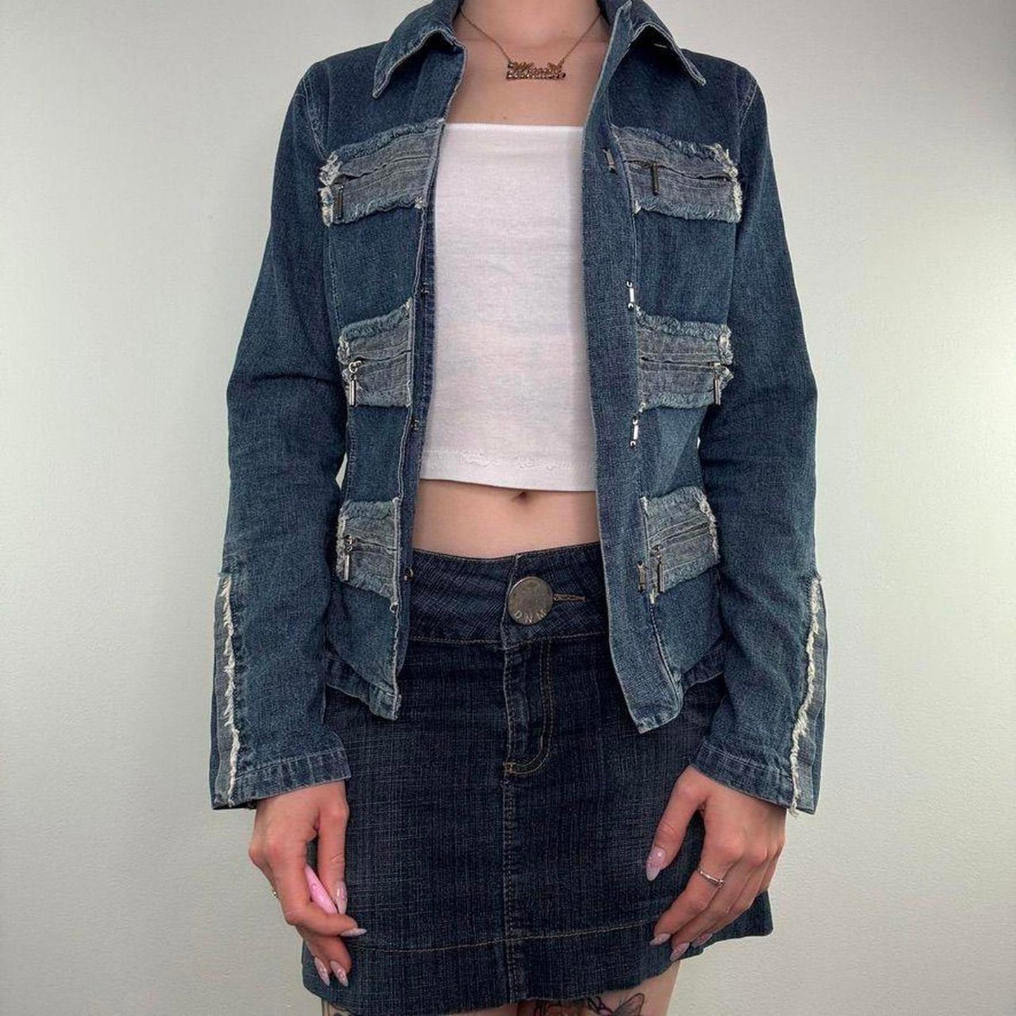 Y2K vintage Miss Posh military fitted faded denim jacket fraying contrast blue