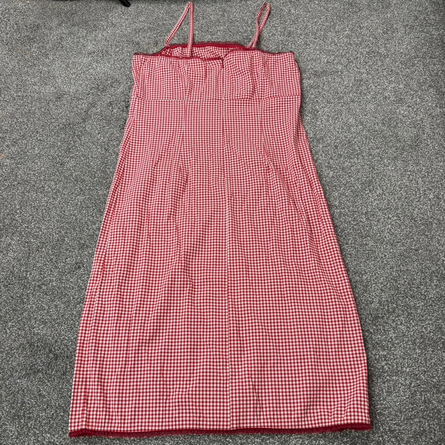 90s Y2K vintage gingham milkmaid midi dress frill bust trim red white stretchy