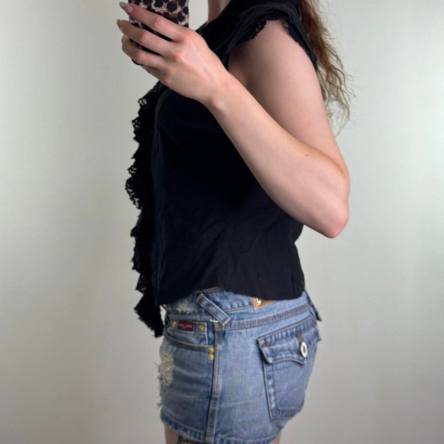 Y2K vintage hook and eye frill top cap sleeve lace trim frilly ruffle black