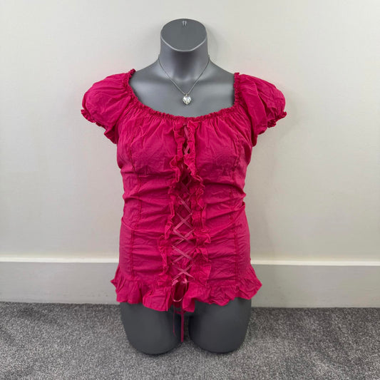 Y2K vintage stretchy milkmaid hot pink top cap sleeve lace up frill frilly
