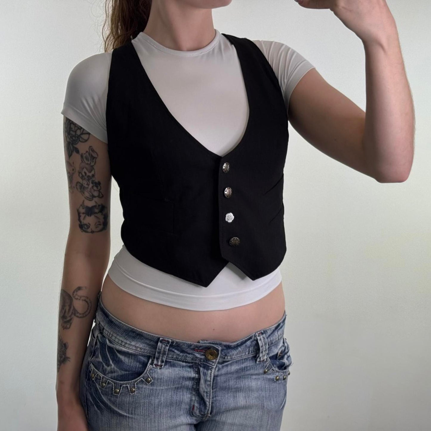 Y2K vintage waistcoat top striped low cut bust v neck buttons flower cropped