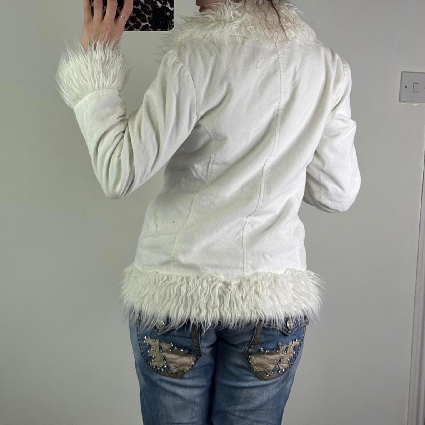 Y2K vintage afghan faux fur trim coat button up soft touch jacket white size 10