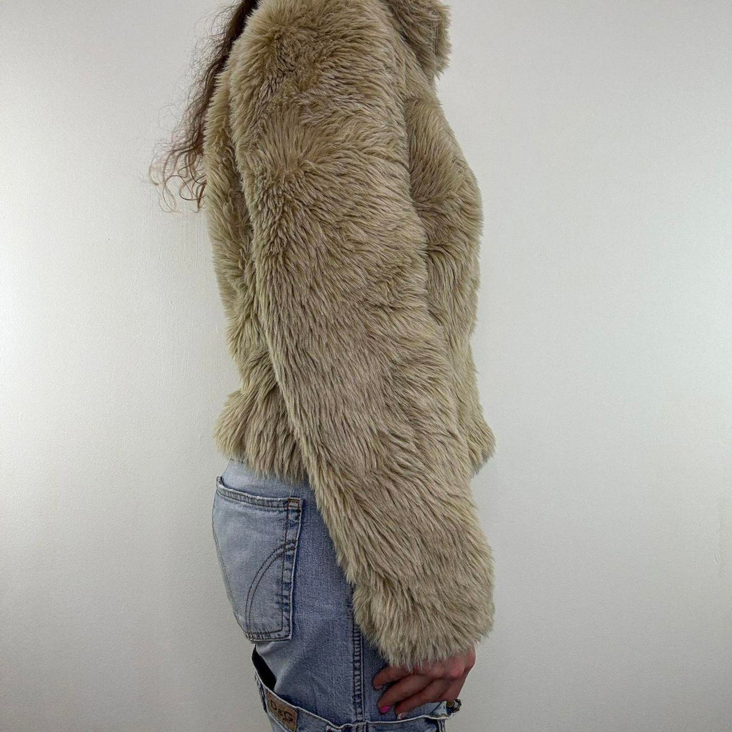 Y2K vintage faux fur coat zip up high neck shaggy beige short length fluffy