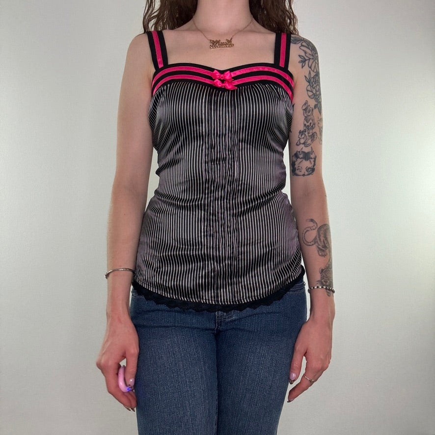 Y2K pinstripe bow satin style lace up cami top